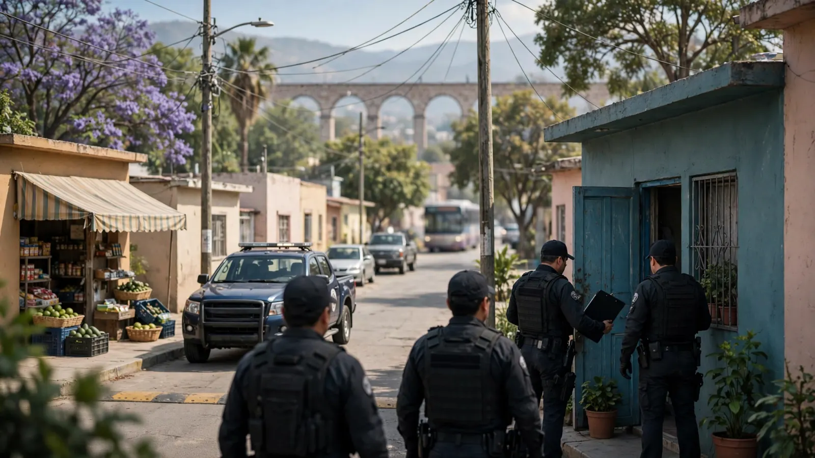 Oficiales de la Fiscalía realizando un cateo en una vivienda durante un operativo de seguridad en Querétaro.