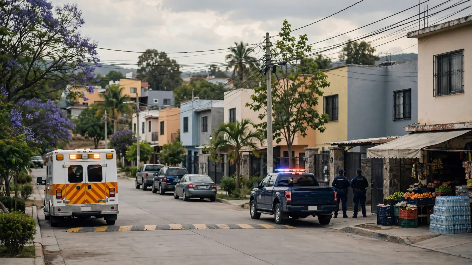 Vivienda de un fraccionamiento residencial en Querétaro con una ambulancia y agentes de policía resguardando la entrada.