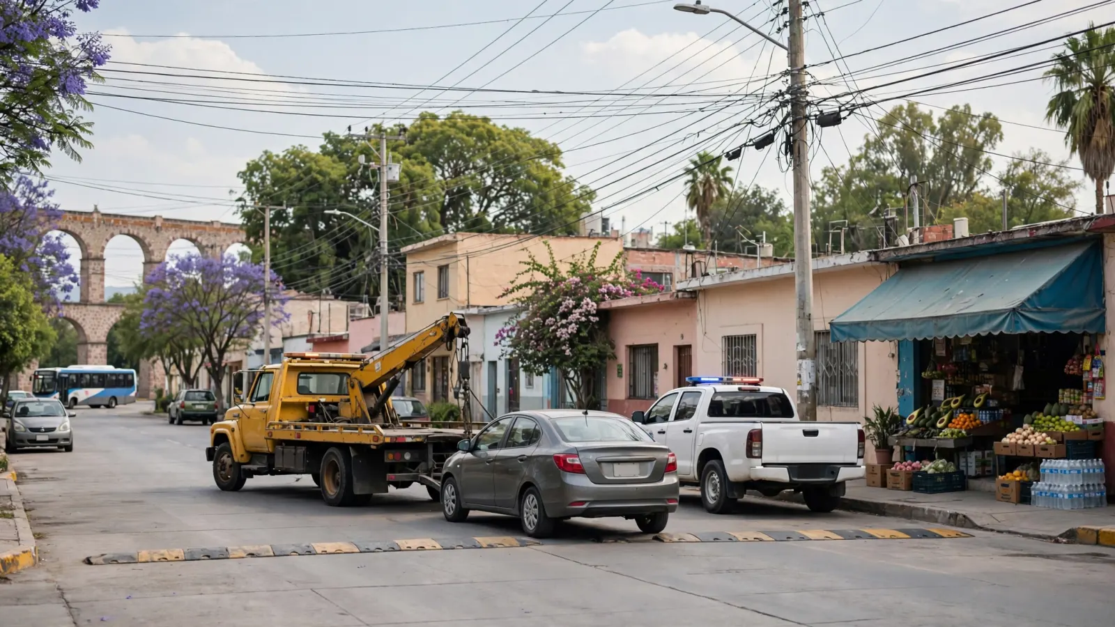 Una grúa remolcando un vehículo en una calle de Querétaro, con un camión de la policía municipal cerca.