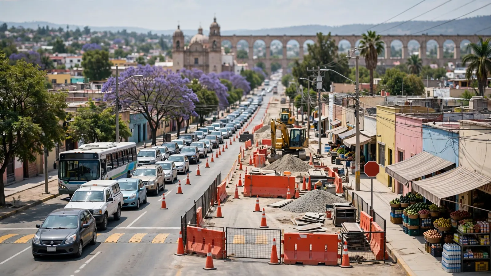 Carriles cerrados con maquinaria de obra en una autopista, mientras varios vehículos forman largas filas de tráfico.