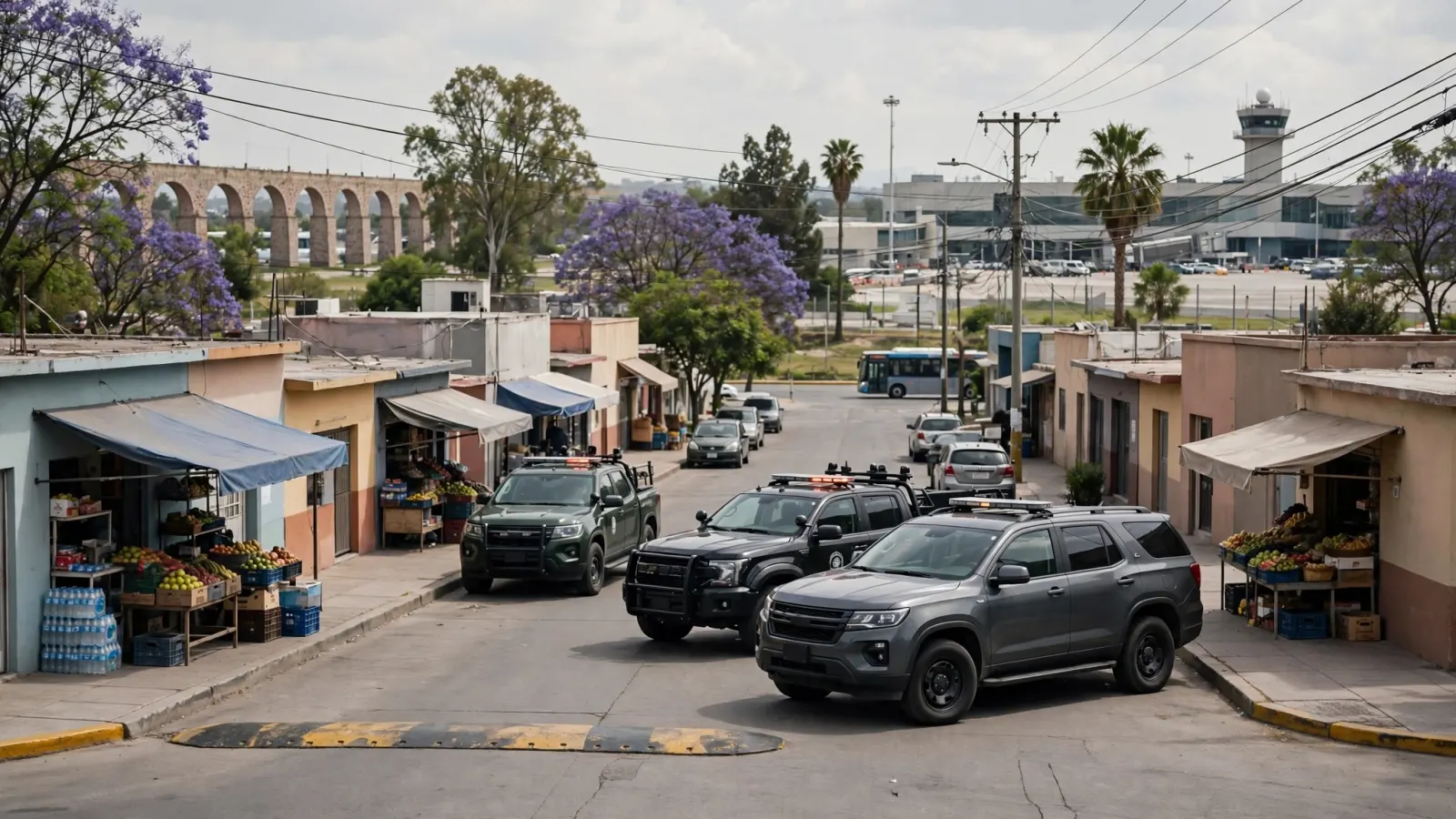 Vehículos oficiales de seguridad estacionados cerca de las instalaciones de un aeropuerto durante un operativo.