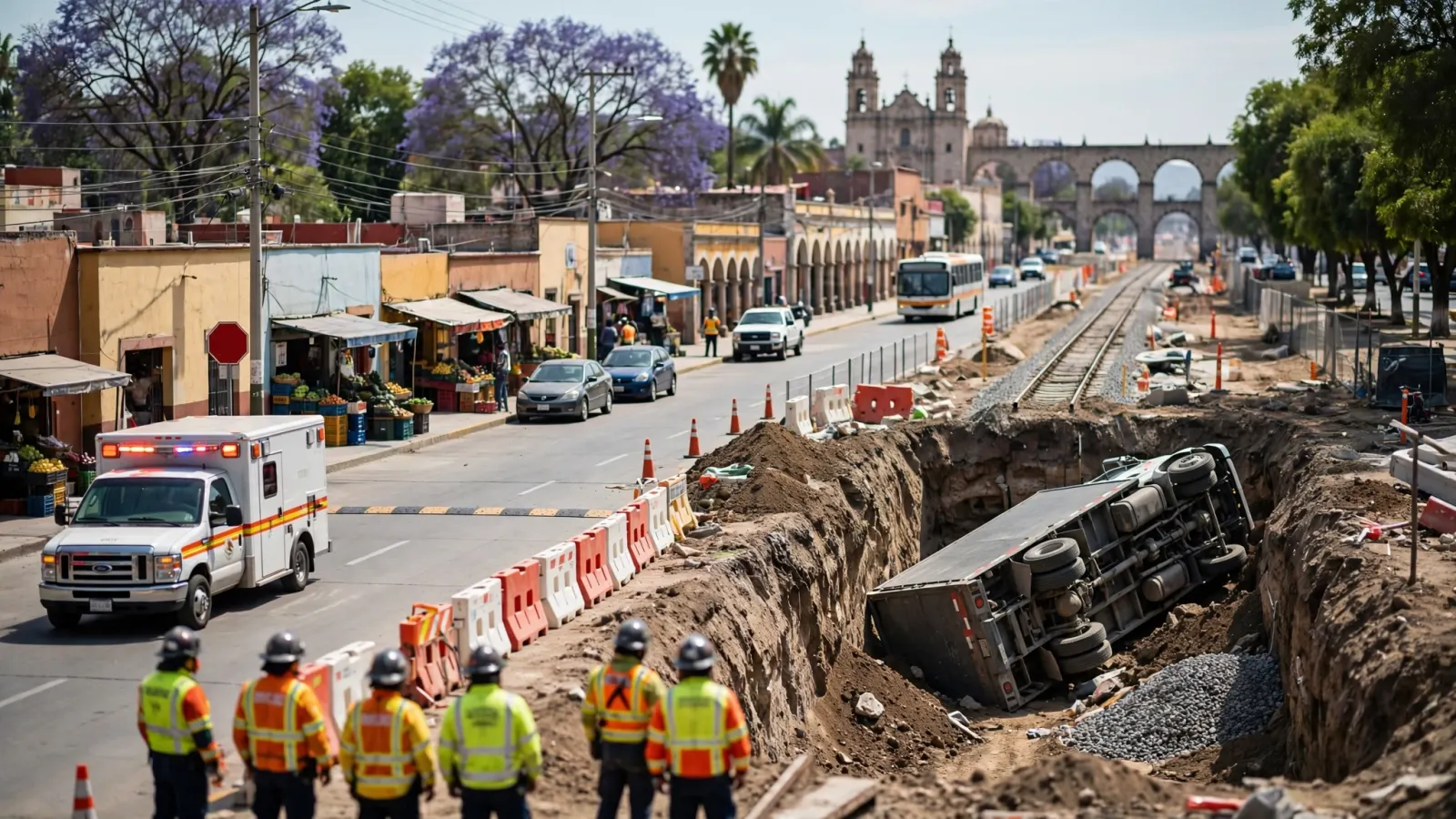 Camión volcado dentro de una zanja de excavación en una obra de construcción de vías de tren, con personal de emergencia alrededor.