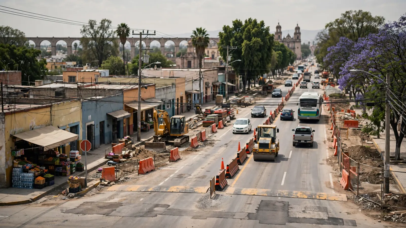 Tramo de una carretera de cuatro carriles en obras, con maquinaria y señalización vial en Querétaro