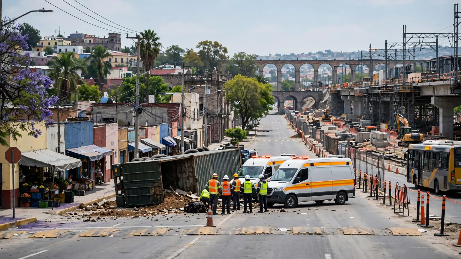 Ambulancias y personal de emergencia junto a un camión volcado en una carretera cerca de una obra de construcción ferroviaria.