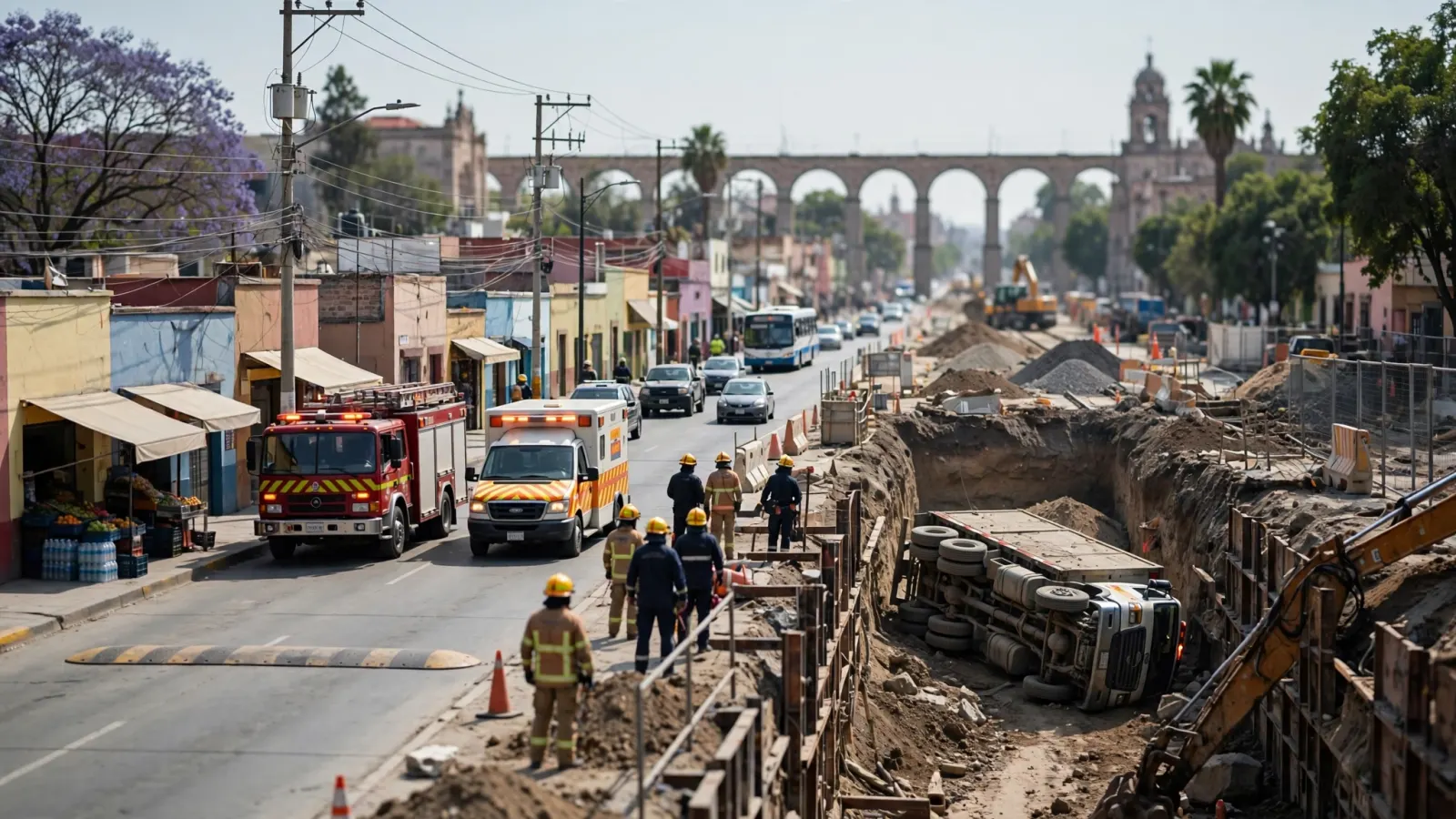 Zanja profunda junto a una obra de tren con vehículos de emergencia y personal de rescate alrededor de un camión volcado.