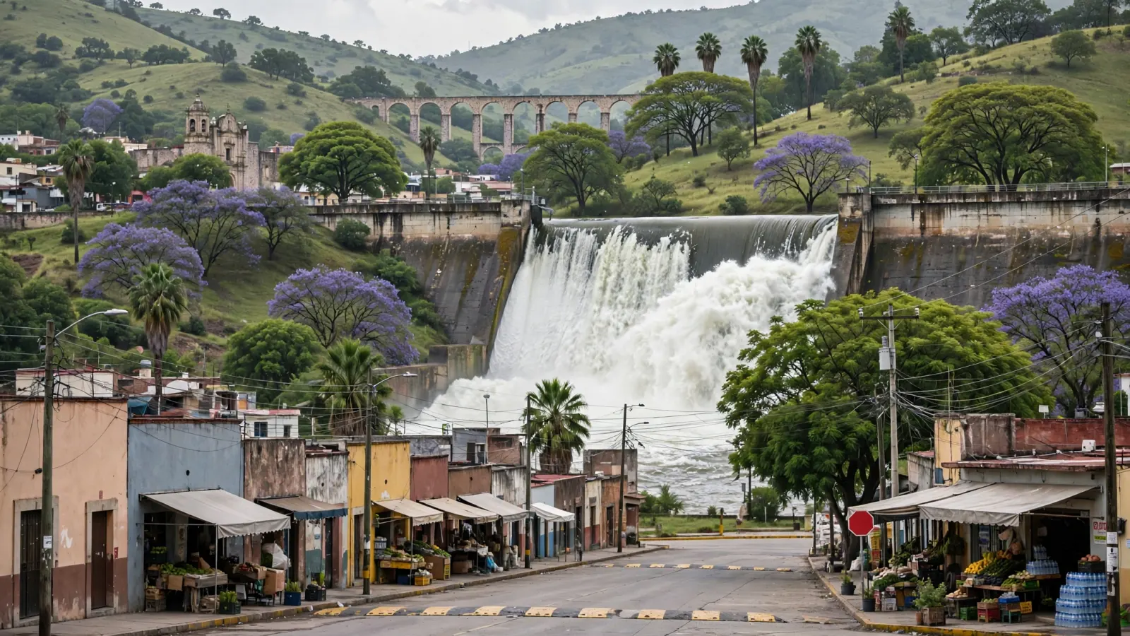 Vista de una presa con el nivel del agua al máximo y agua desbordándose por el vertedor en una zona rural de Querétaro