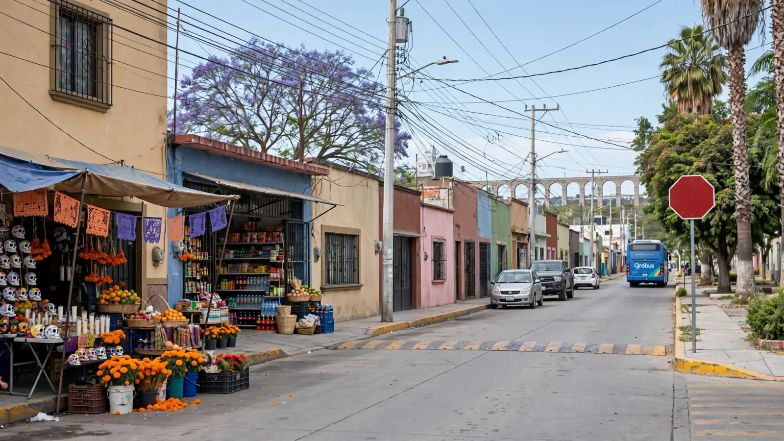 Vista de una calle de la ciudad de Querétaro con elementos de la temporada de Día de Muertos y actividad comercial.
