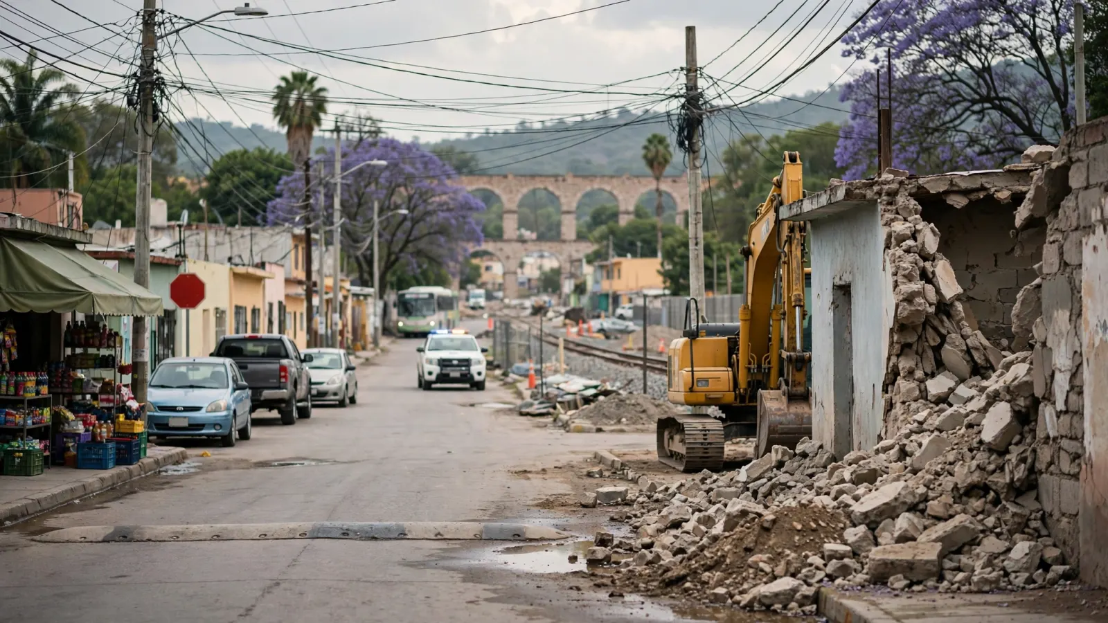 Maquinaria de construcción junto a una barda dañada de una vivienda, con vías de tren en proceso al fondo