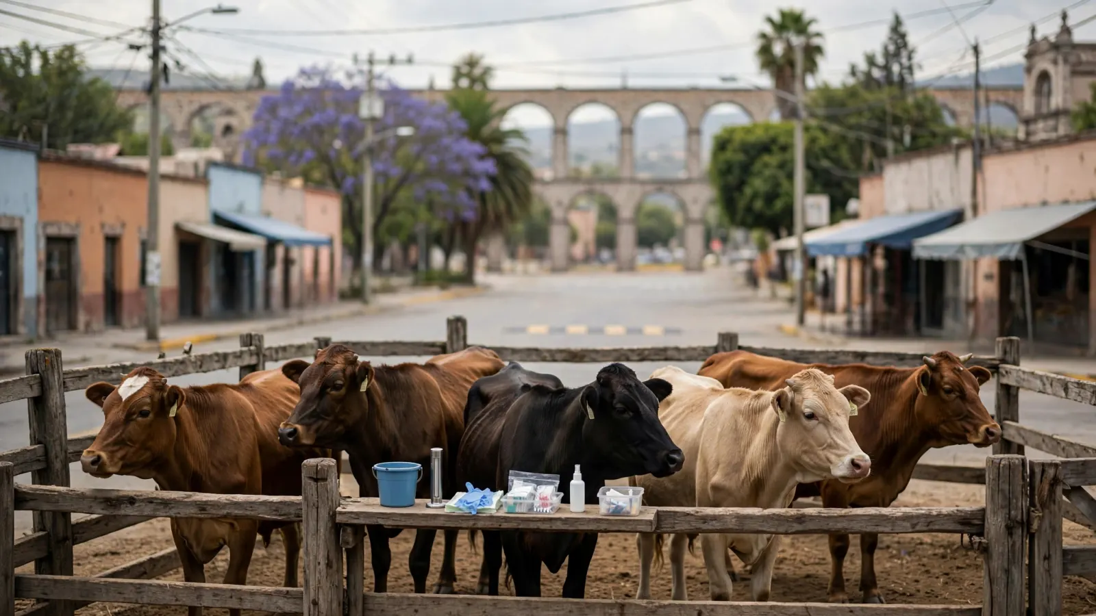 Ganado bovino en un corral durante una revisión sanitaria en Querétaro