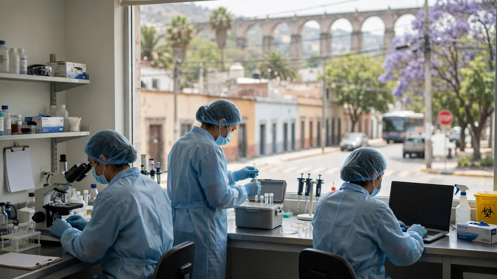 Personal de salud en un laboratorio, en referencia a la vigilancia epidemiológica en Querétaro