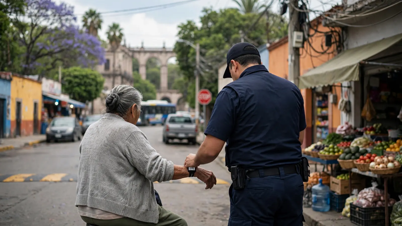 Oficial de la Secretaría de Seguridad Pública Municipal de Querétaro coloca un brazalete con código QR a una persona adulta mayor