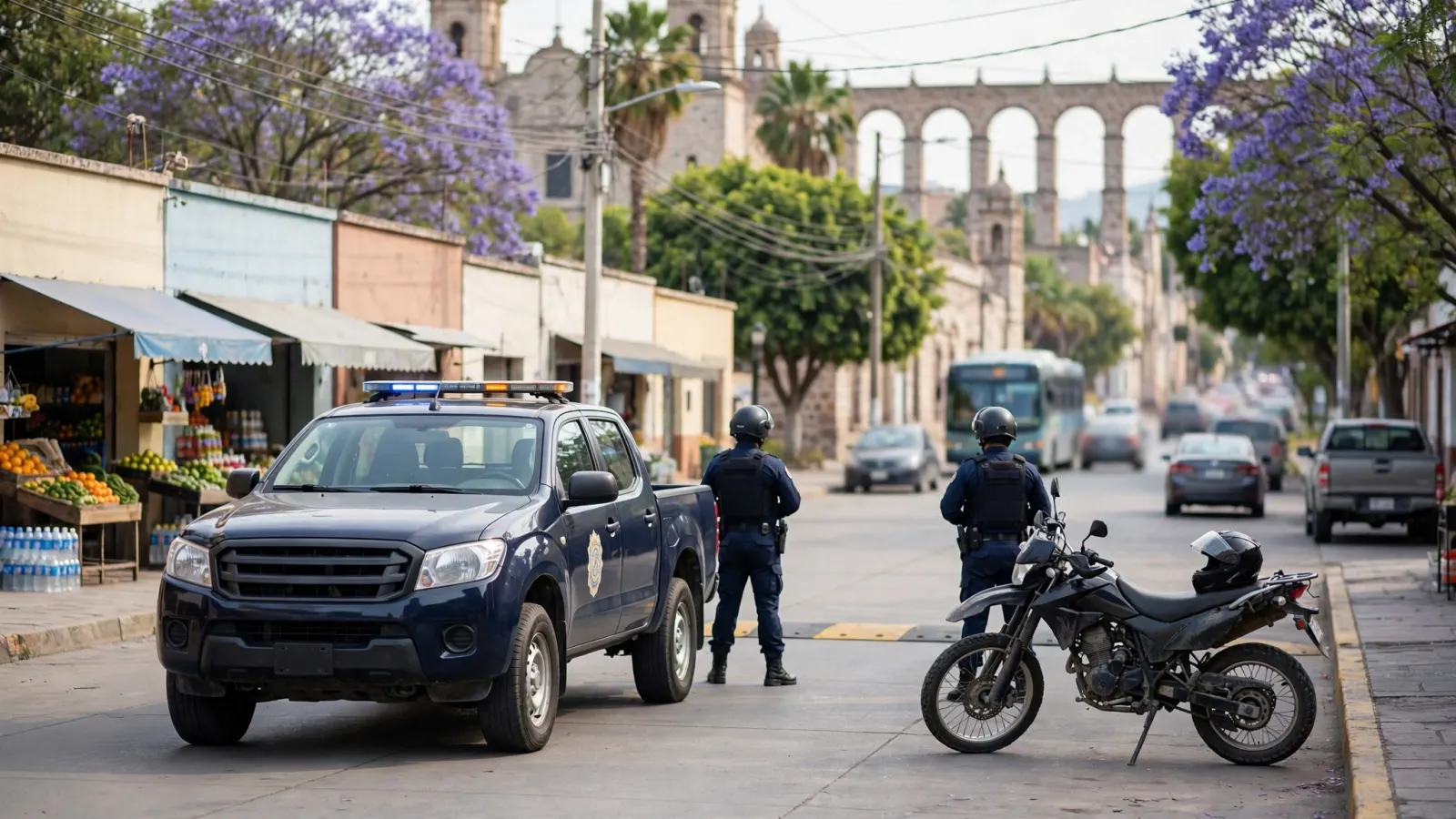 Patrulla de la Secretaría de Seguridad Pública Municipal de Querétaro junto a una motocicleta recuperada