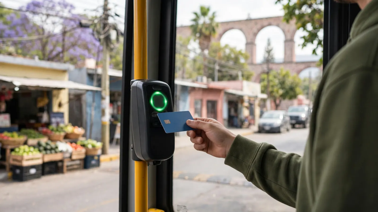 Usuario valida su tarjeta Qrobús al abordar un camión de transporte público en Querétaro