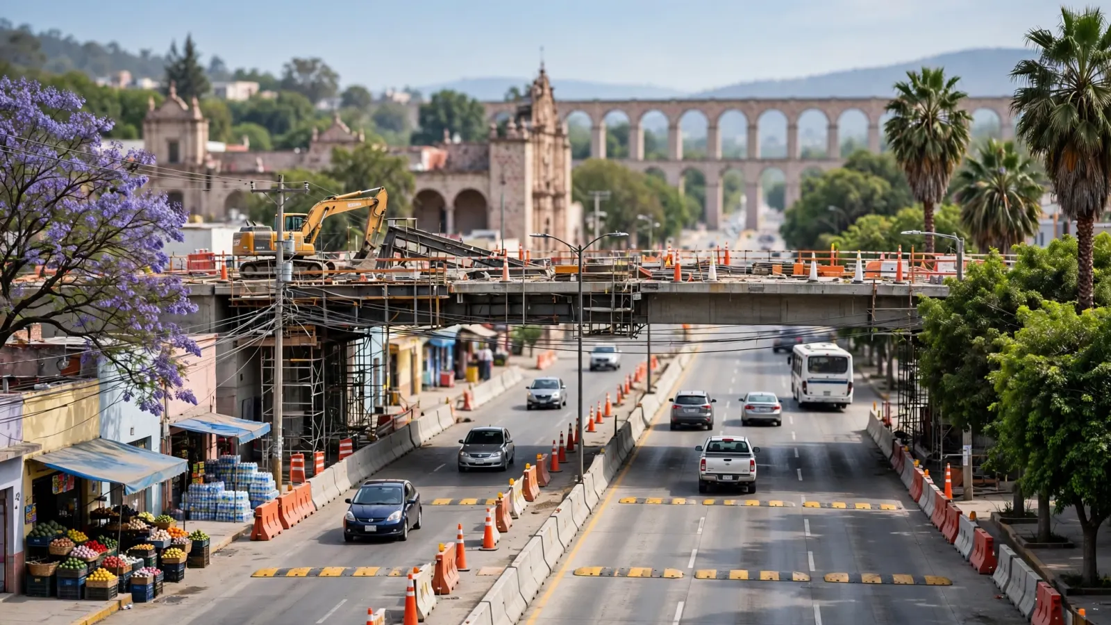 Puente de Avenida México en San Juan del Río con trabajos de construcción del Tren México-Querétaro