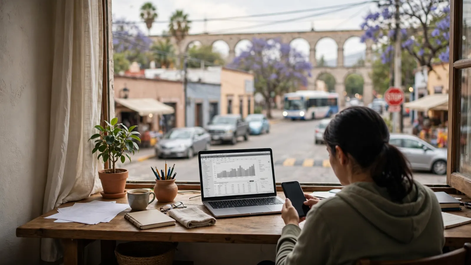 Persona trabajando desde casa frente a una laptop mientras revisa el celular fuera de su horario laboral