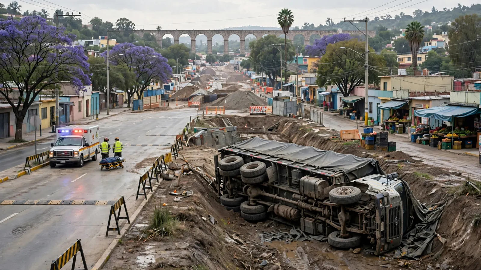 Camión de transporte de personal volcado en una zanja de las obras del tren México-Querétaro en Agua Azul, El Marqués